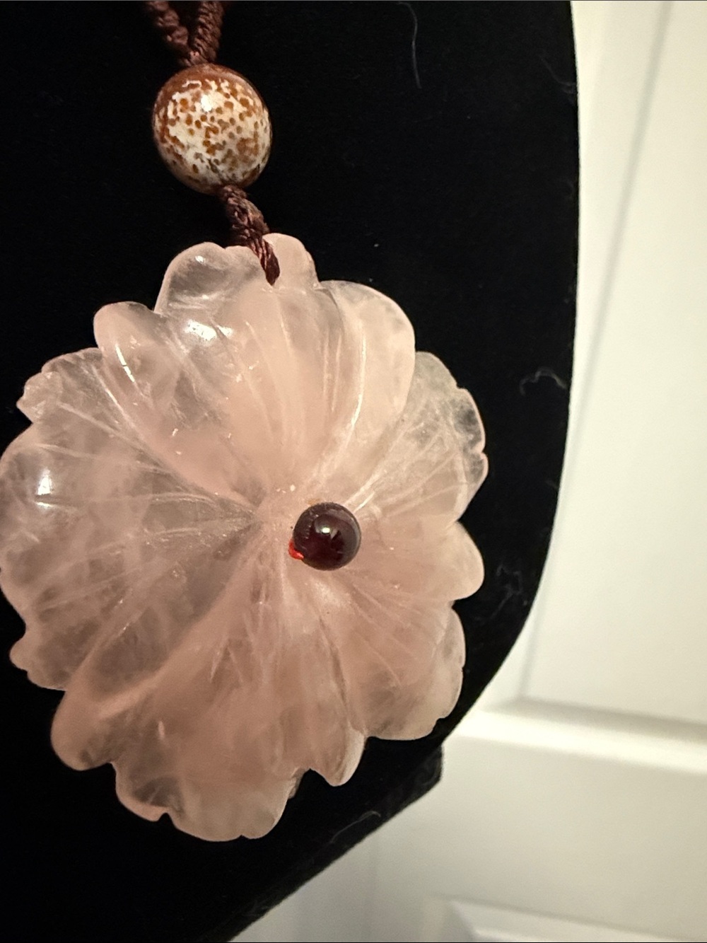 Rose Quartz Flower Pendant Necklace | Boho Pink Gemstone Necklace Vintage - Picture 5 of 10